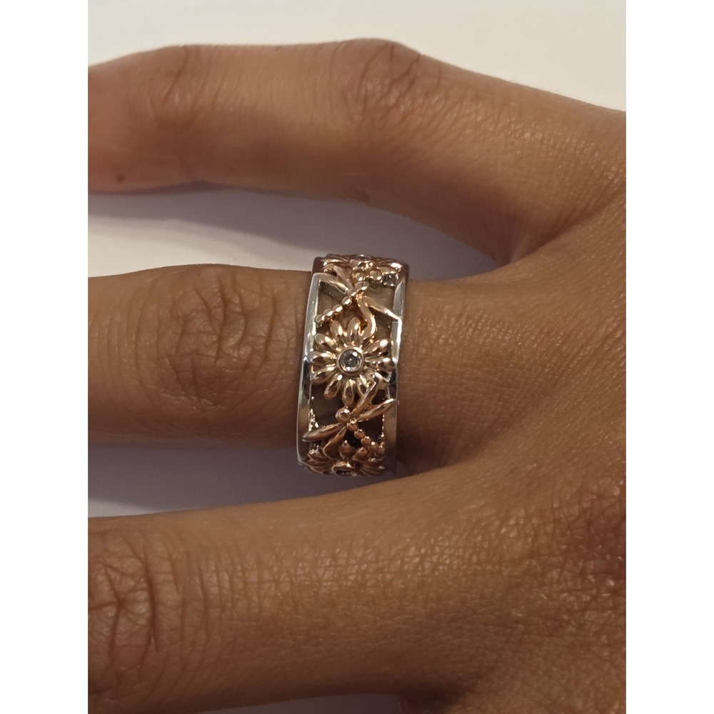Beautiful Dragonfly & Flowers Sterling Silver & Rose Gold Tone Ring Size 6